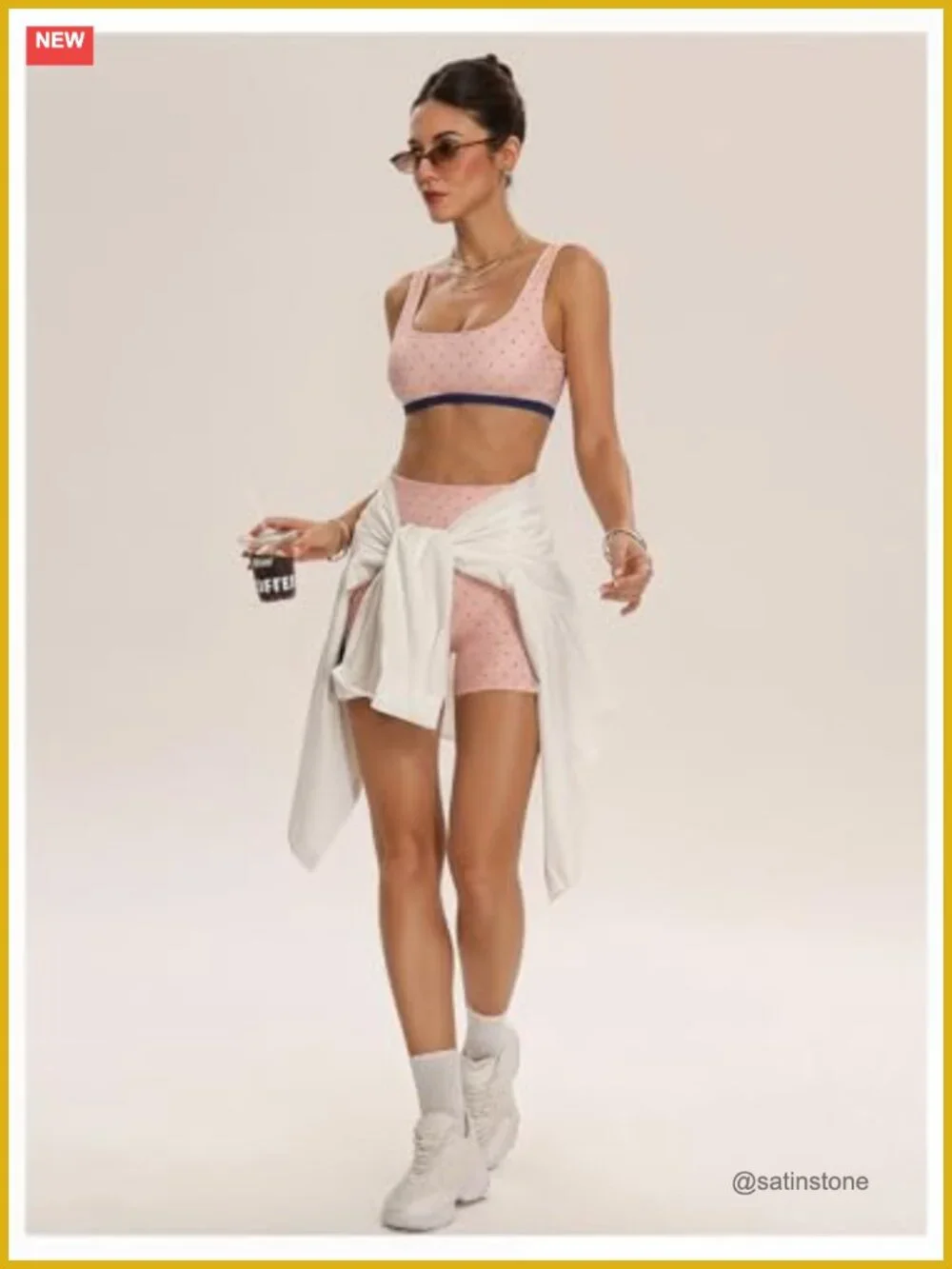 2 Piece Polka Dot Color Block Bra Tank & High Waisted Biker Shorts Set
